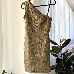 Tadashi Shoji Metallic Gold Ruched One Shoulder Bandage Mini Dress, Size S